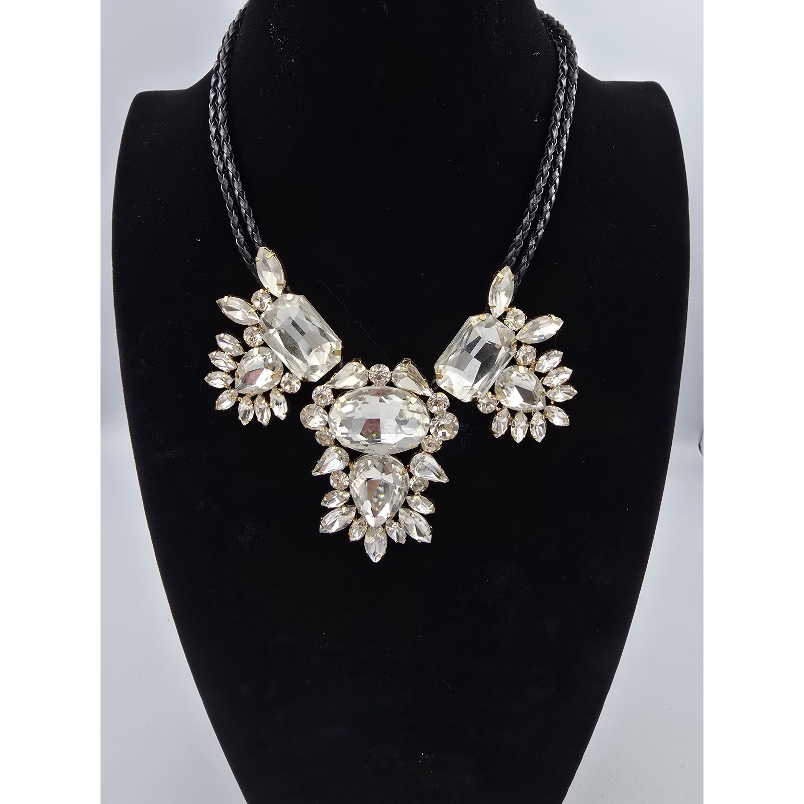 Statement Necklace Clear Rhinestone Crystal Gold Tone Black Braided Cord Choker